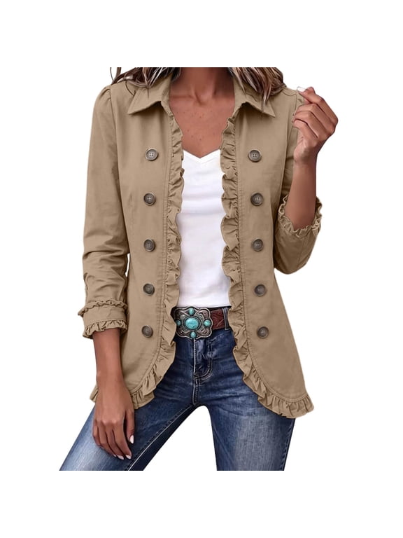Women's Ruffle Trim Fall Jacket Stylish Double Button Detail Open Front Boho Jackets Plus Size Casual Lightweight Outerwear