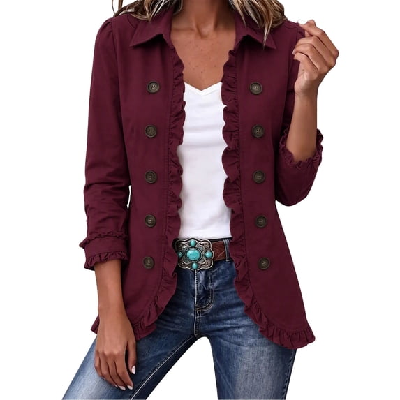 Gfyviroh Women's Ruffle Trim Fall Jacket Stylish Double Button Detail Open Front Boho Jackets Plus Size Casual Lightweight Outerwear
