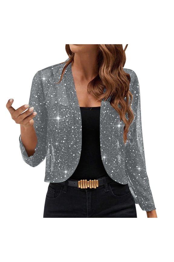 Women's Sequin Bolero Jacket Long Sleeve Cropped Open Front Sparkly Shrug Cardigan Trendy Elegant Party Cardigan