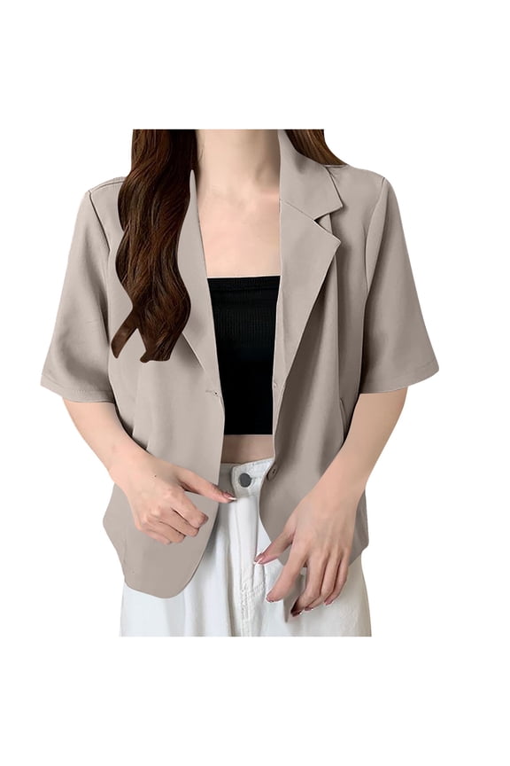 Women's Short Sleeve Blazer Lightweight Lapel Button Front Suit Jacket Loose Business Casual Office Jacket