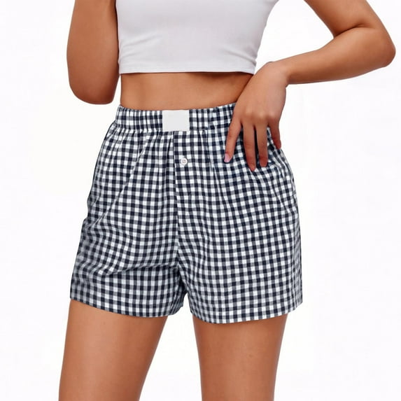 Gfyviroh Women's Shorts Plaid Button Casual Pockets Shorts Plus Size Summer Elastic Waist Short Pants