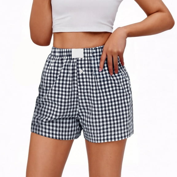 Gfyviroh Women's Shorts Plaid Button Casual Pockets Shorts Plus Size Summer Elastic Waist Short Pants