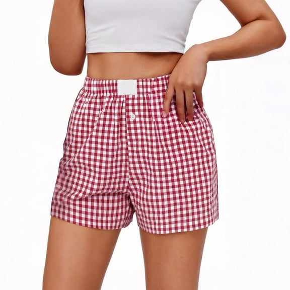 Gfyviroh Women's Shorts Plaid Button Casual Pockets Shorts Plus Size Summer Elastic Waist Short Pants