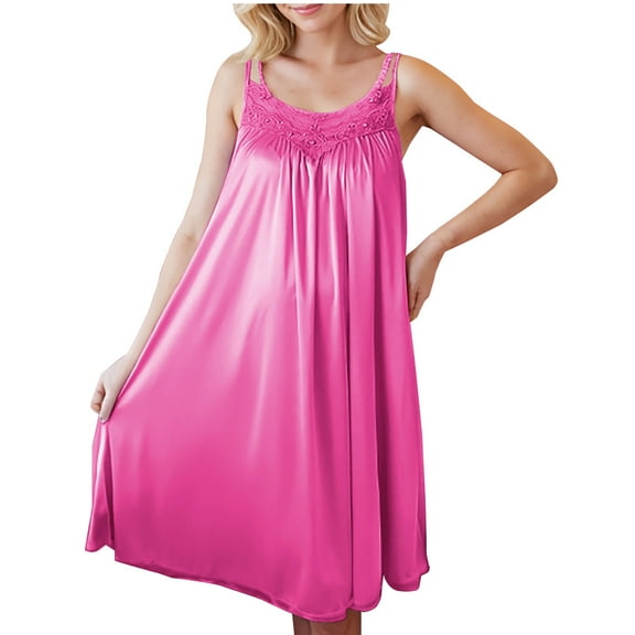 Gfyviroh Women's Silk Satin Nightshirts Printing Pleated Knee Length Nightdress Crewneck Sleeveless Sleepwear Nightgowns