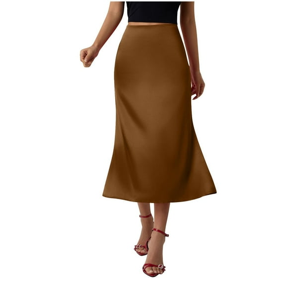 Gfyviroh Women's Silk Satin Skirts Zip Solid Color Fashion Casual Midi Skirts Soft High Waist Pencil Skirts