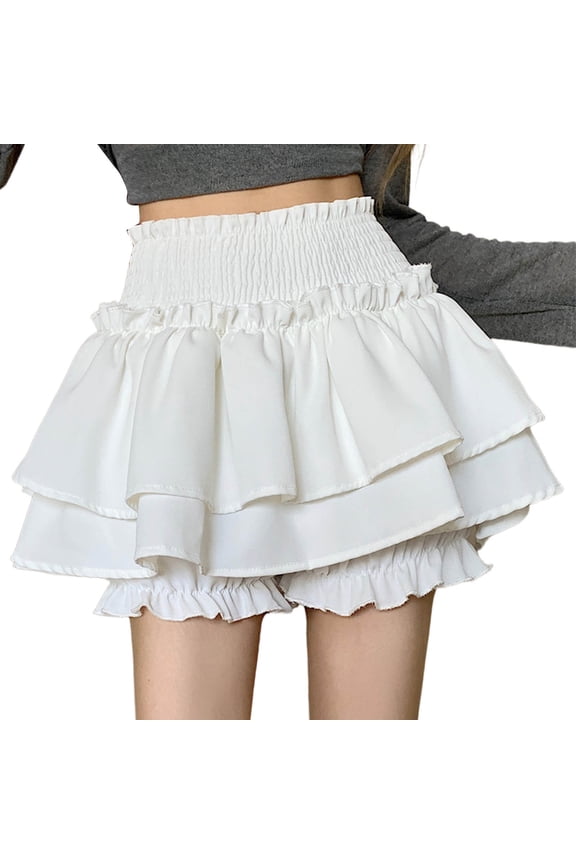 Women's Skirts Solid Color Pleated Elastic Waist Mini Skirts with Shorts Fashion Ruffled Hem Short Skirts