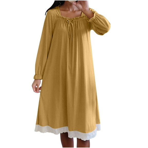Gfyviroh Women's Sleepwear Nightgowns Casual Square Neck Pleated Nightgowns Comfortable Puffy Long Sleeve Nightdress