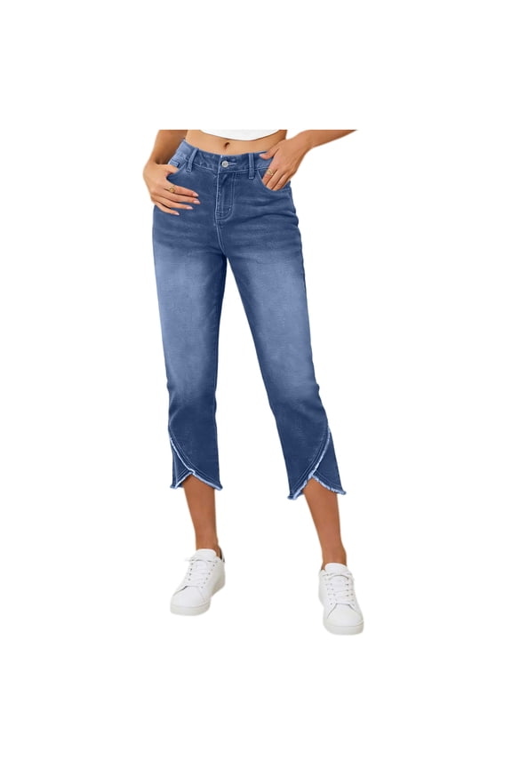 Women's Slim Fit Capri Jeans Cute Tulip Hem Stretch Cropped Trousers Casual Stylish Everyday Capris
