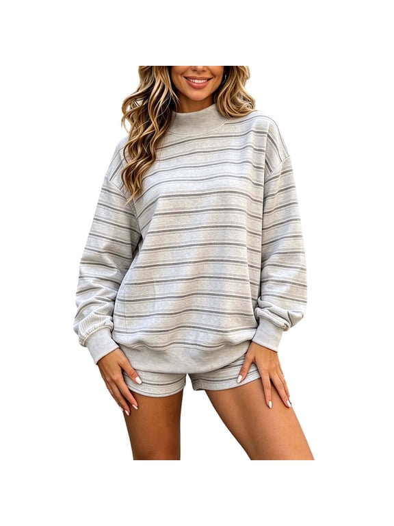 Women's Striped Short Loungewear Set Mock Neck Sweatshirt and Elastic Waist Casual Shorts Set Long Sleeve Oversized 2 Piece Matching Set