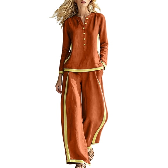 Gfyviroh Women's Stylish Fall Outfit Set Color Block Button Front Pullover 2 Piece Sets Long Sleeve Tops with Pants Casual Outfits