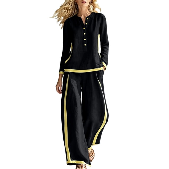 Gfyviroh Women's Stylish Fall Outfit Set Color Block Button Front Pullover 2 Piece Sets Long Sleeve Tops with Pants Casual Outfits