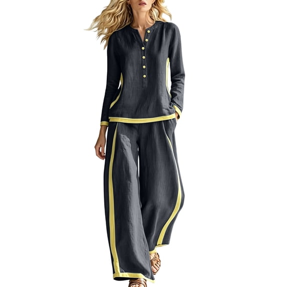 Gfyviroh Women's Stylish Fall Outfit Set Color Block Button Front Pullover 2 Piece Sets Long Sleeve Tops with Pants Casual Outfits