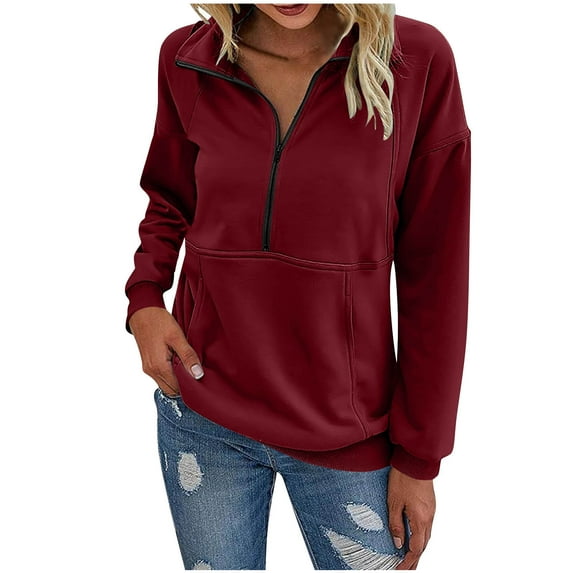Gfyviroh Women's Sweatshirts Turn-down Collar Half Zipper Sweatshirts with Pocket Casual Solid Color Long Sleeve Tops