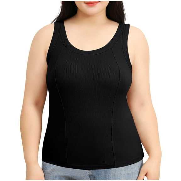 Gfyviroh Women's Tank Tops Summer Ribbed Plus Size Sleeveless Tops with Chest Pad Solid Color Crewneck Undershirts