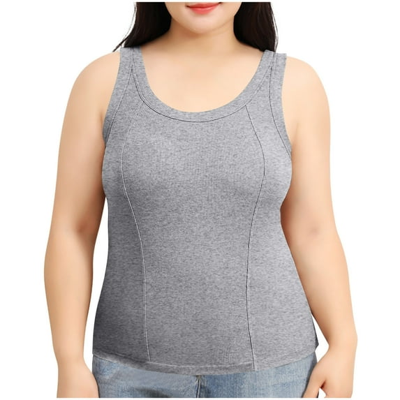 Gfyviroh Women's Tank Tops Summer Ribbed Plus Size Sleeveless Tops with Chest Pad Solid Color Crewneck Undershirts