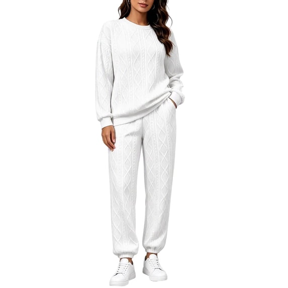 Gfyviroh Women's Textured Sweatsuits 2 Piece Outfits Crewneck Sweatshirts and Jogger Sweatpants Stylish Tracksuit Solid Lightweight Loose Casual Set