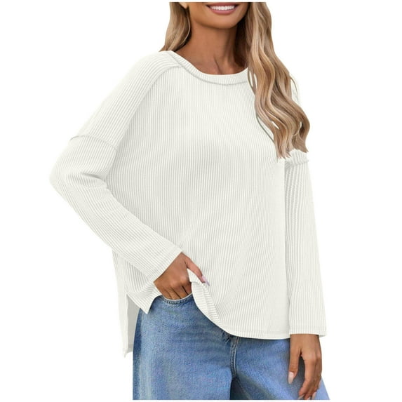 Gfyviroh Women's Tops Loose Side Slit Long Sleeve Casual Pullover Tops Fall Comfortable Solid Color Crewneck Tops