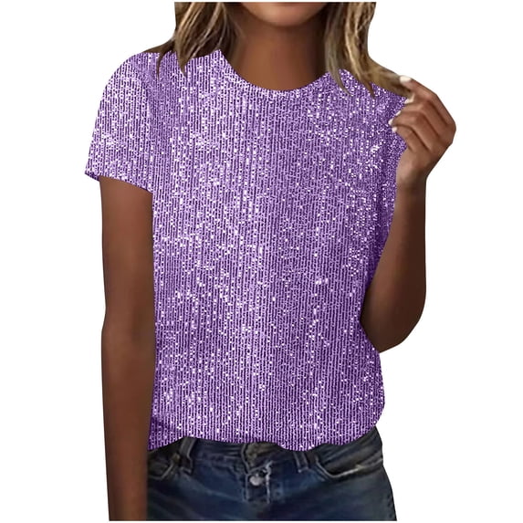 Gfyviroh Women's Trendy Sequin Tops Casual Short Sleeve Going-out T-shirts Solid Crew Neck Loose Tee Shirts