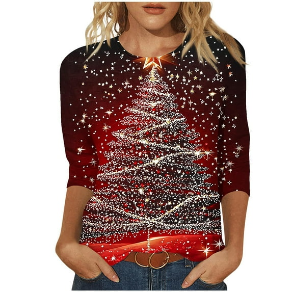 Gfyviroh Women's Tshirt Tops 3/4 Sleeve Pullover Crewneck Tops Casual Christmas Tree Printing Plus Size Loose Tops