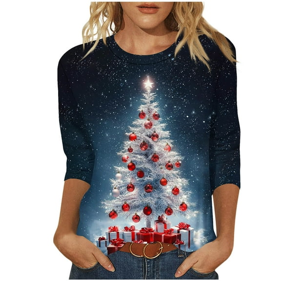 Gfyviroh Women's Tshirt Tops 3/4 Sleeve Pullover Crewneck Tops Casual Christmas Tree Printing Plus Size Loose Tops