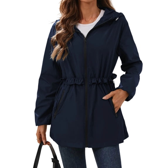 Gfyviroh Women's Zip Up Jacket Lightweight Waterproof Long Sleeve Anorak Jacket Ruffle Trendy Solid Casual Hooded Coat