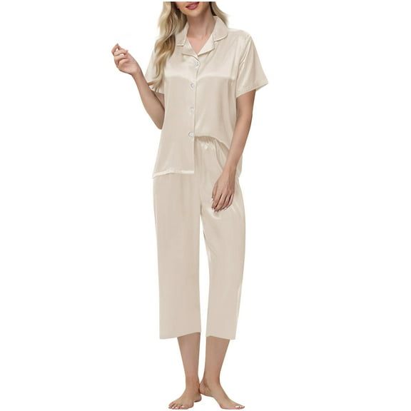Gfyviroh Womens 2 Piece Pajamas Sets Solid Silk Satin Loungewear Outfits Button Turn-down Collar Short Sleeve Tops and Capri Pants Sets