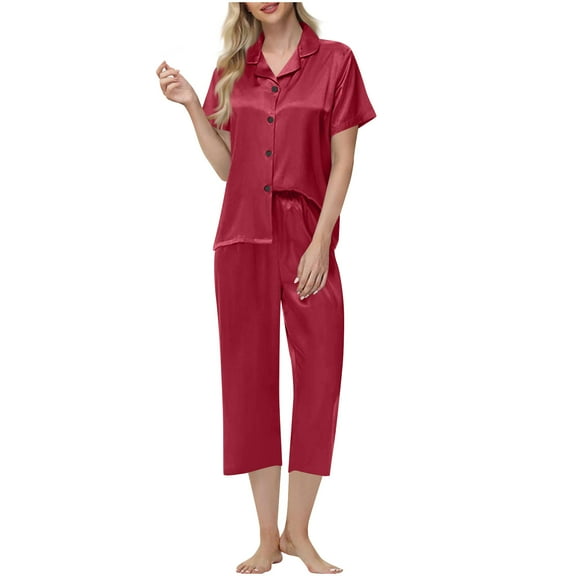 Gfyviroh Womens 2 Piece Pajamas Sets Solid Silk Satin Loungewear Outfits Button Turn-down Collar Short Sleeve Tops and Capri Pants Sets