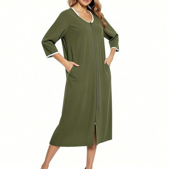 Gfyviroh Womens 3/4 Sleeve Nightdress Sleepwear Casual Solid Midi Nightshirts Zip Open Front Loungewear Nightgowns
