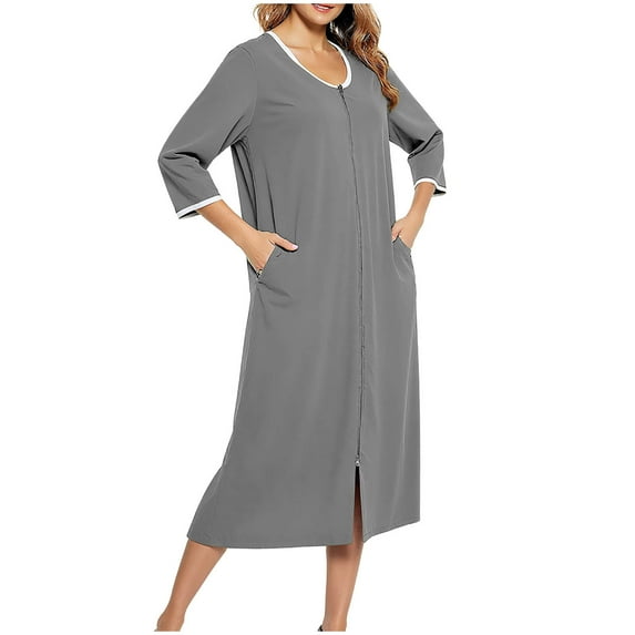 Gfyviroh Womens 3/4 Sleeve Nightdress Sleepwear Casual Solid Midi Nightshirts Zip Open Front Loungewear Nightgowns