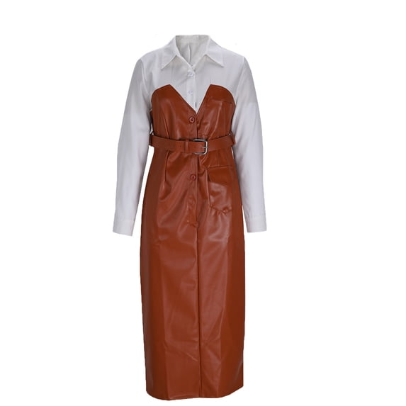 Gfyviroh Womens A-Line Dresses Patchwork Button Turn-down Collar Leather Dress Long Sleeve Plus Size Midi Dresses with Pockets