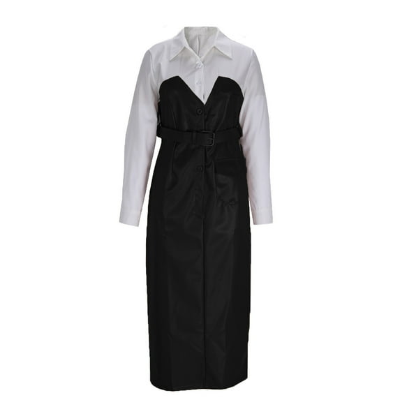 Gfyviroh Womens A-Line Dresses Patchwork Button Turn-down Collar Leather Dress Long Sleeve Plus Size Midi Dresses with Pockets