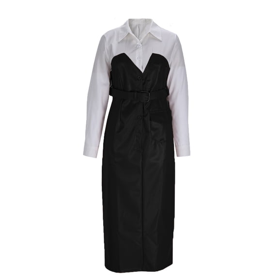 Gfyviroh Womens A-Line Dresses Patchwork Button Turn-down Collar Leather Dress Long Sleeve Plus Size Midi Dresses with Pockets