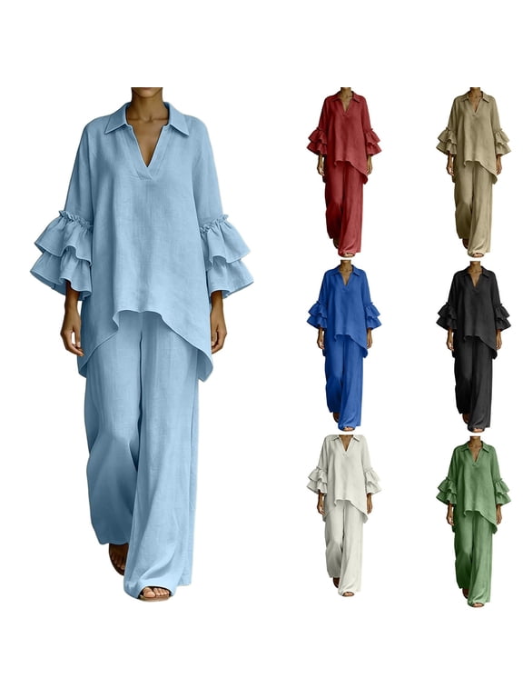 Womens Cotton Linen 2 Piece Pants Set Tiered Ruffle Sleeve Loose Wide Leg Matching Suit Plus Size Boho Vacation Outfit