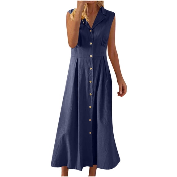 Gfyviroh Womens Cotton Linen Dresses Casual Solid Color Turn-down Collar Dresses Plus Size Button Front Pleated Dresses