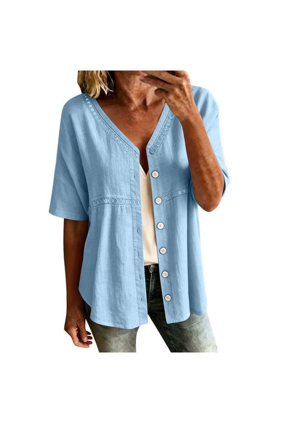 Womens Cotton Linen Outerwear Loose V-Neck Boho Button Down Jacket Plus Size Summer Lightweight Casual Jackets