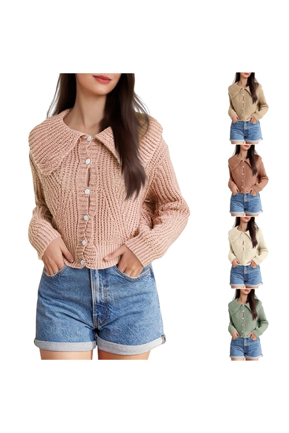 Womens Cropped Chunky Knit Cardigan Peter Pan Collar Long Sleeve Sweater Button Front Casual Knitted Layering Sweaters