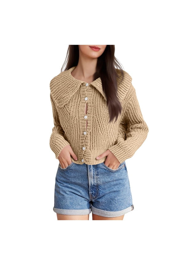 Womens Cropped Chunky Knit Cardigan Peter Pan Collar Long Sleeve Sweater Button Front Casual Knitted Layering Sweaters