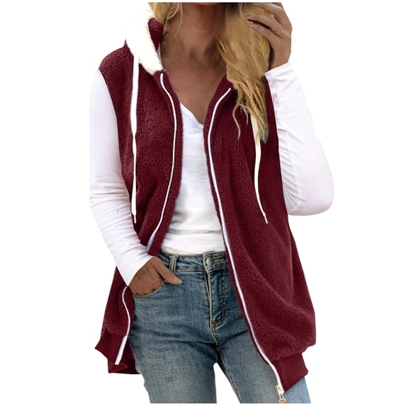 Gfyviroh Womens Fleece Hooded Jackets Drawstring Zip Up Patchwork Sleeveless Vest Coats Comfortable Plus Size Jackets