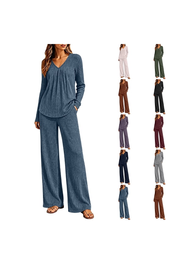 Womens Full Length Outfit Sets 2 Piece Ruched V-Neck Tops and Long Pants Lounge Set Soft Ribbed Knit Daily Casual Outfit