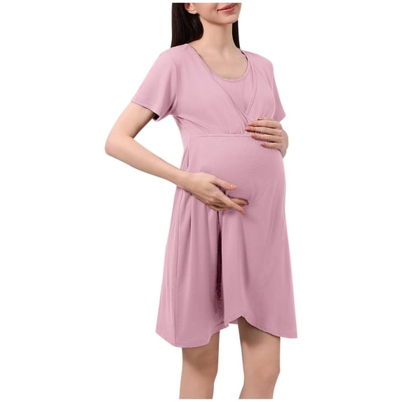 Gfyviroh Womens Maternity Dress Flowy Solid Casual Short Sleeve Dress Crewneck Lightweight Summer Dress for Pregnancy