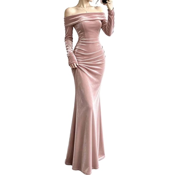 Gfyviroh Womens Off-the-Shoulder Velvet Mermaid Maxi Dress Long Sleeve Formal Evening Gown for Women Party Wedding Guest Dresses