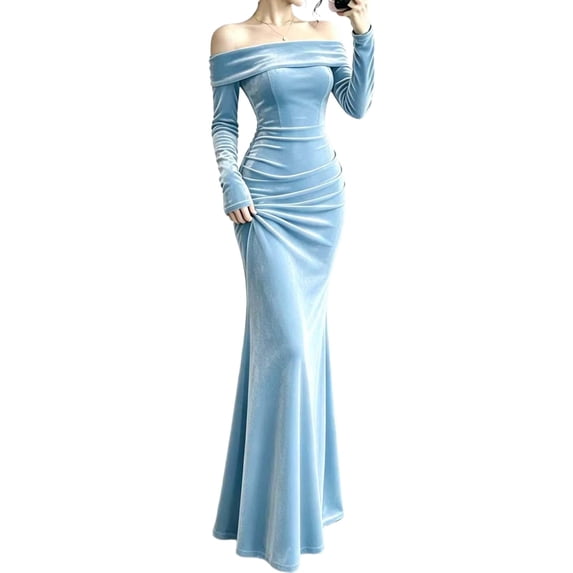 Gfyviroh Womens Off-the-Shoulder Velvet Mermaid Maxi Dress Long Sleeve Formal Evening Gown for Women Party Wedding Guest Dresses