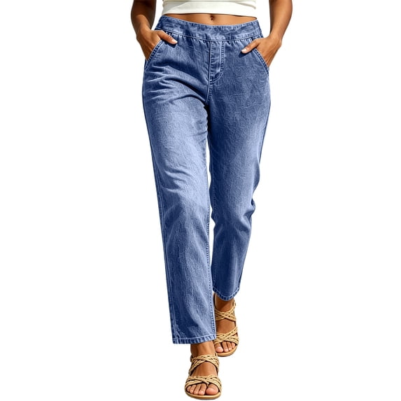 Gfyviroh Womens Plus Size Jeans Elastic Waist Solid Pull On Jeans Stretch Mid-Rise Straight Leg Casual Pants