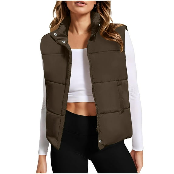 Gfyviroh Womens Puffer Vest Coats Thick Stand Collar Zip Open Front Down Jackets Casual Pockets Sleeveless Coats