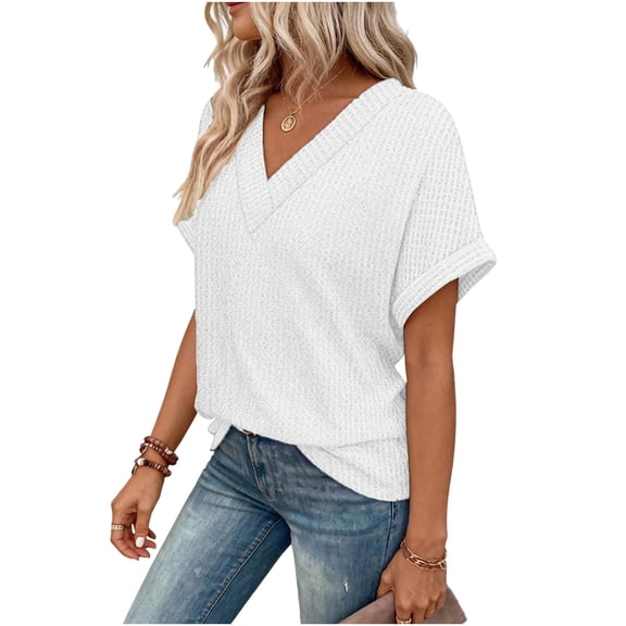 Gfyviroh Womens Short Sleeve Tops Summer Loose V-Neck T-shirts Solid Color Comfortable Pullover Blouses