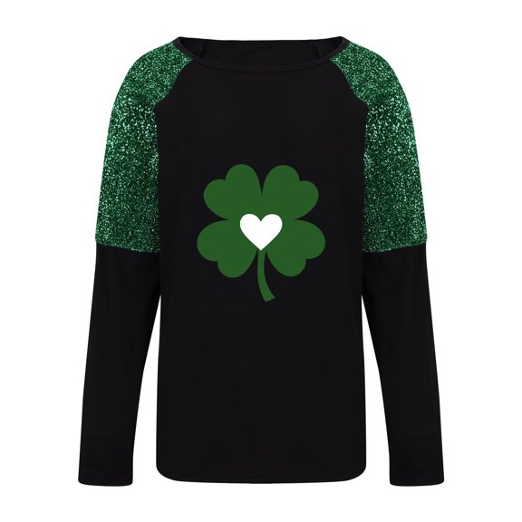 Gfyviroh Womens St. Patrick's Day T-shirts Sequin Patchwork Print Long Sleeve Tops Casual Crew Neck Pullover Tee Tops