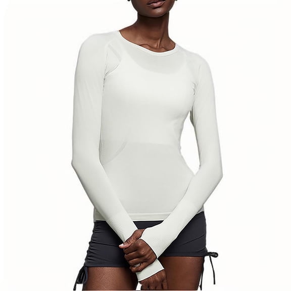 Gfyviroh Womens Yoga Workout Tops Crew Neck Solid Breathable T-shirts Stretch Long Sleeve Fitness Tee Tops