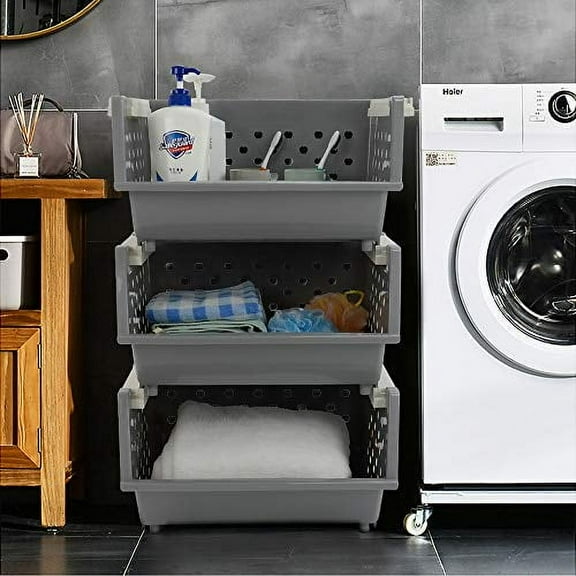 Ggbin 3 Tier Stackable Storage Baskets, Plastic Stacking Open Front Storage Bin, Grey