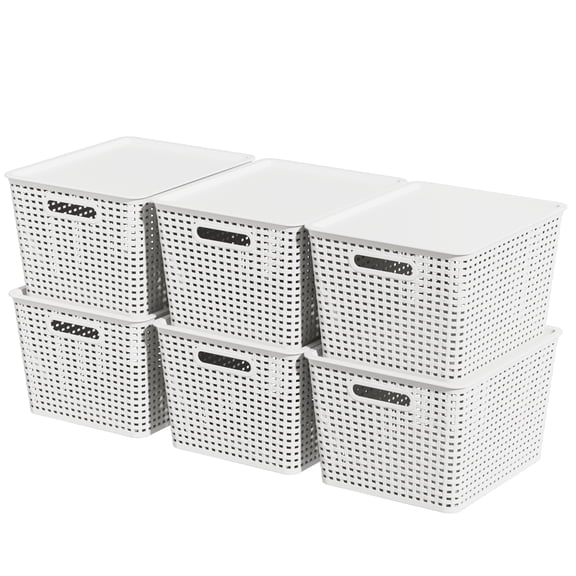 Ggbin 6-Pack Plastic Woven Basket, White Lidded Storage Basket Bins