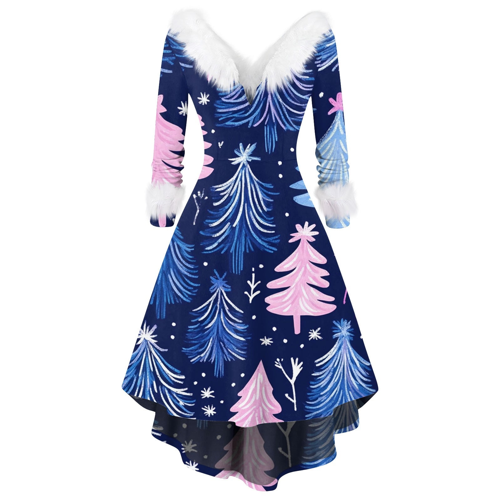 Gglogagt Christmas Dress Faux Fur Trim Womens Furry Christmas Tree Swing  Dress Long Sleeve V Neck Winter Party Cocktail Dress Dark Blue L -  Walmart.com